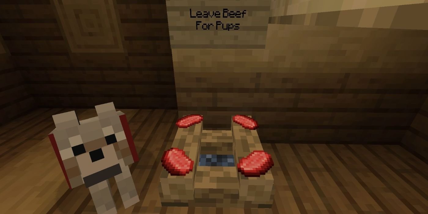 Minecraft wolf next to a campfire with raw beef