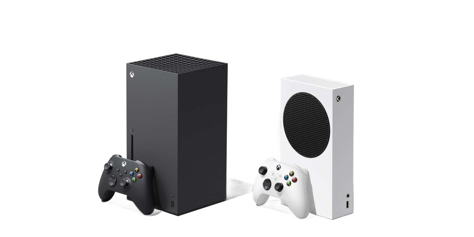 Xbox Series X and S Consoles Standing Next To Each Other With Controllers