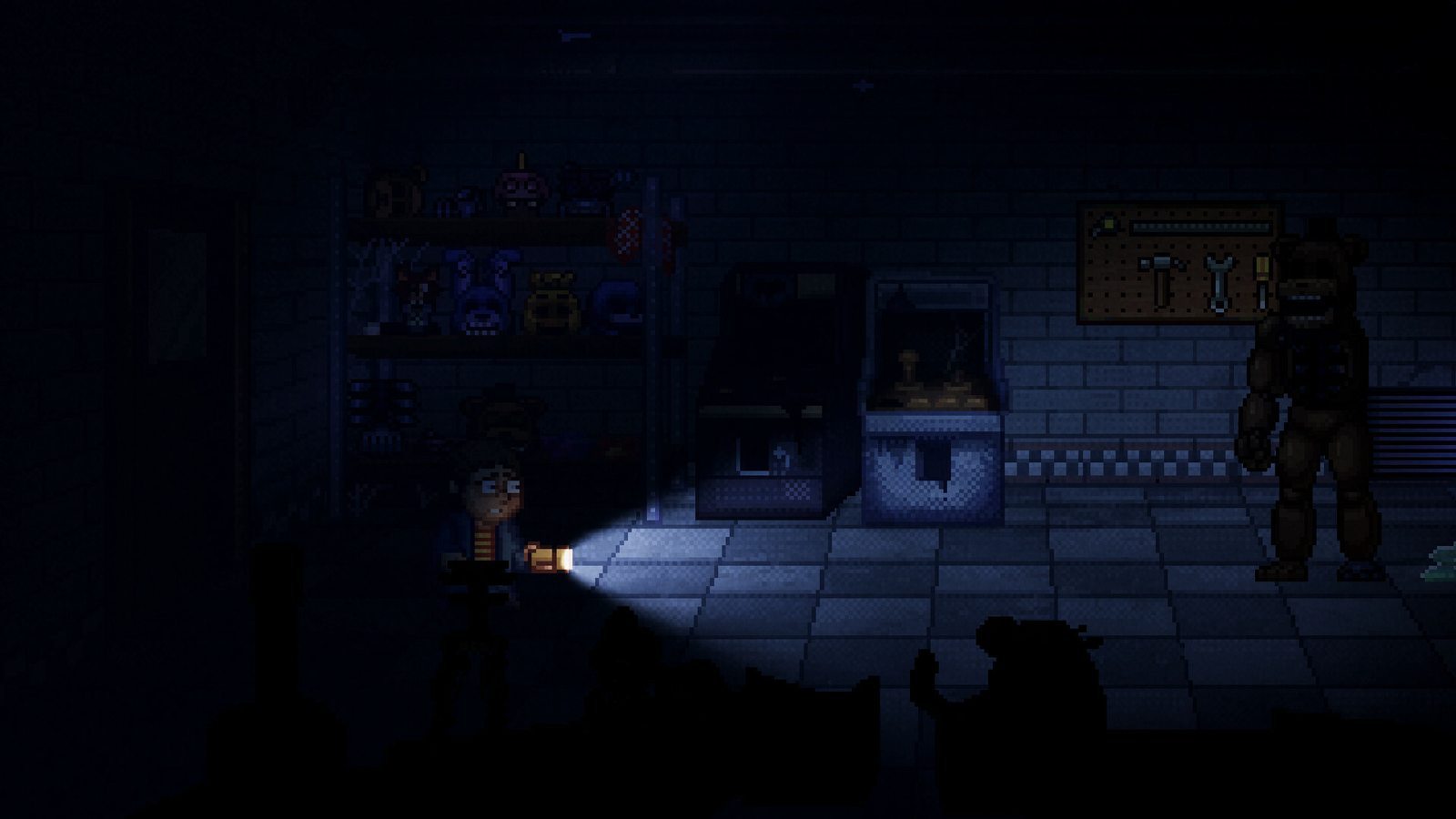 Oswald shining a flashlight in Five Nights at Freddy's: Into the Pit.