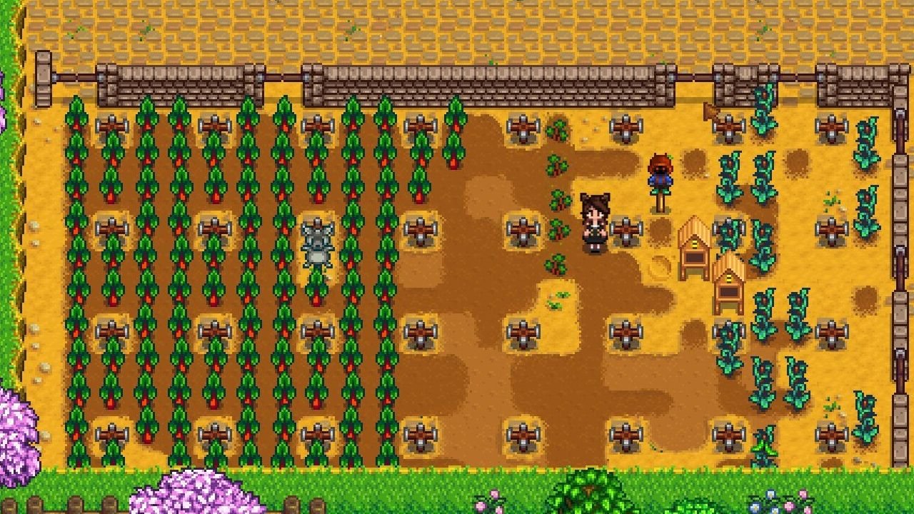 stardew valley player on farmland with grown rhubarb