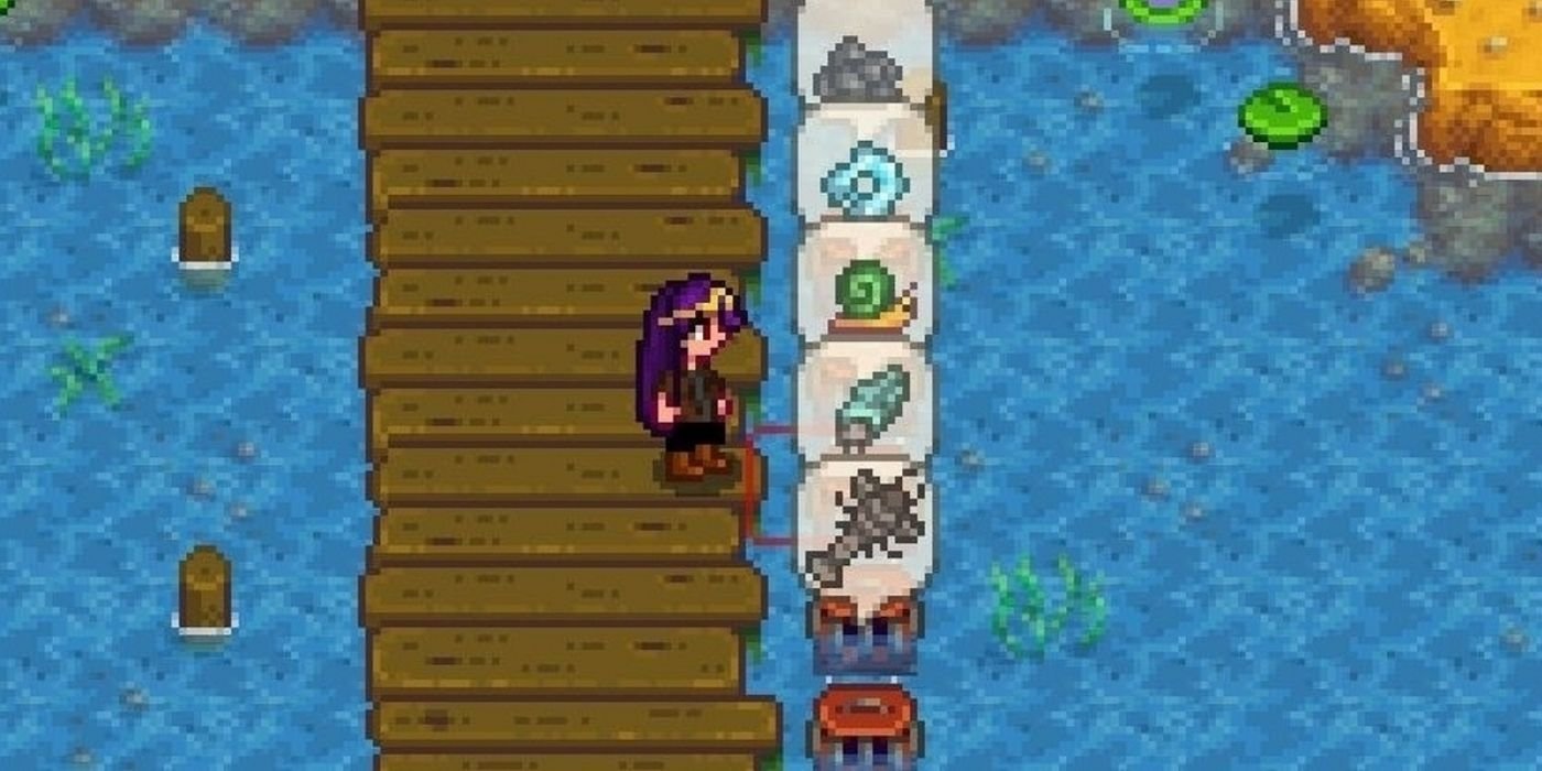 Stardew Valley Crab Pots - Player standing on dock next to several crab pots.