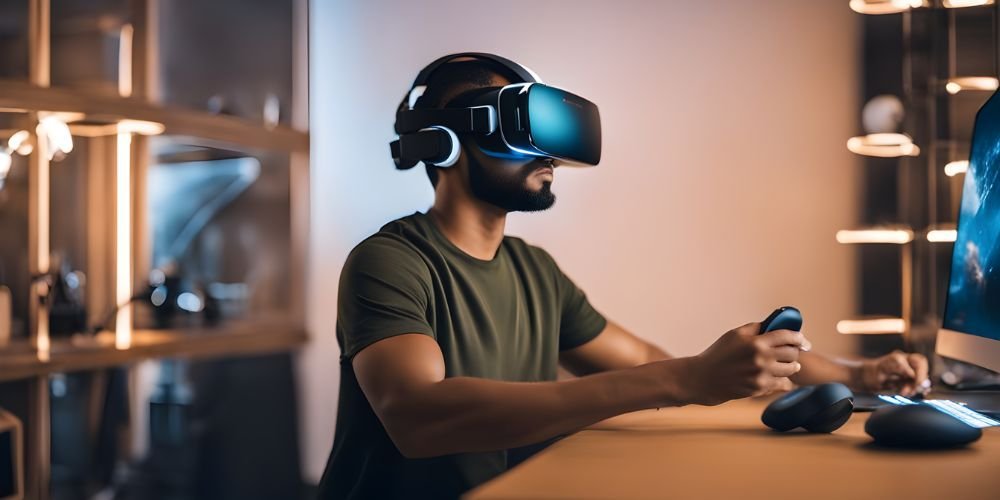 man wearing a VR headset in a library