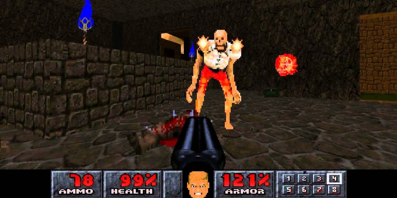 Final Doom fps view of a double barrelled gun shooting a revenant.
