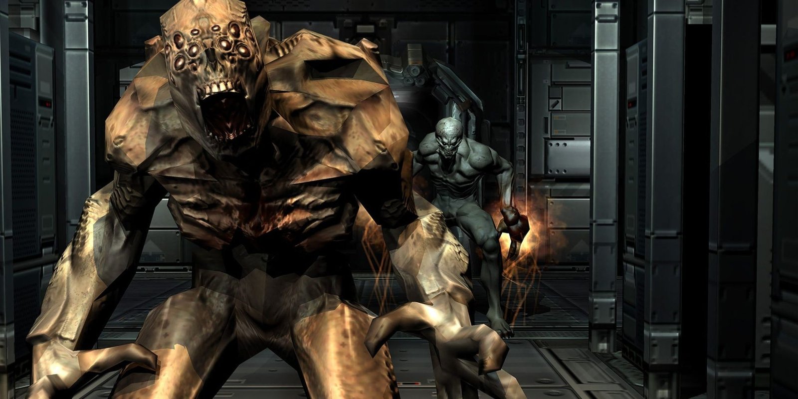 Doom 3 a large multieyed demon shuffling towards the camera with another smaller demon just behind.