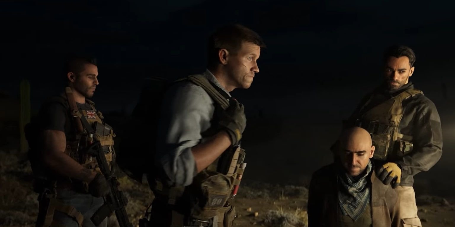 Screenshot of Hassan captured and on his knees surrounded by the main characters in COD Modern Warfare 2.