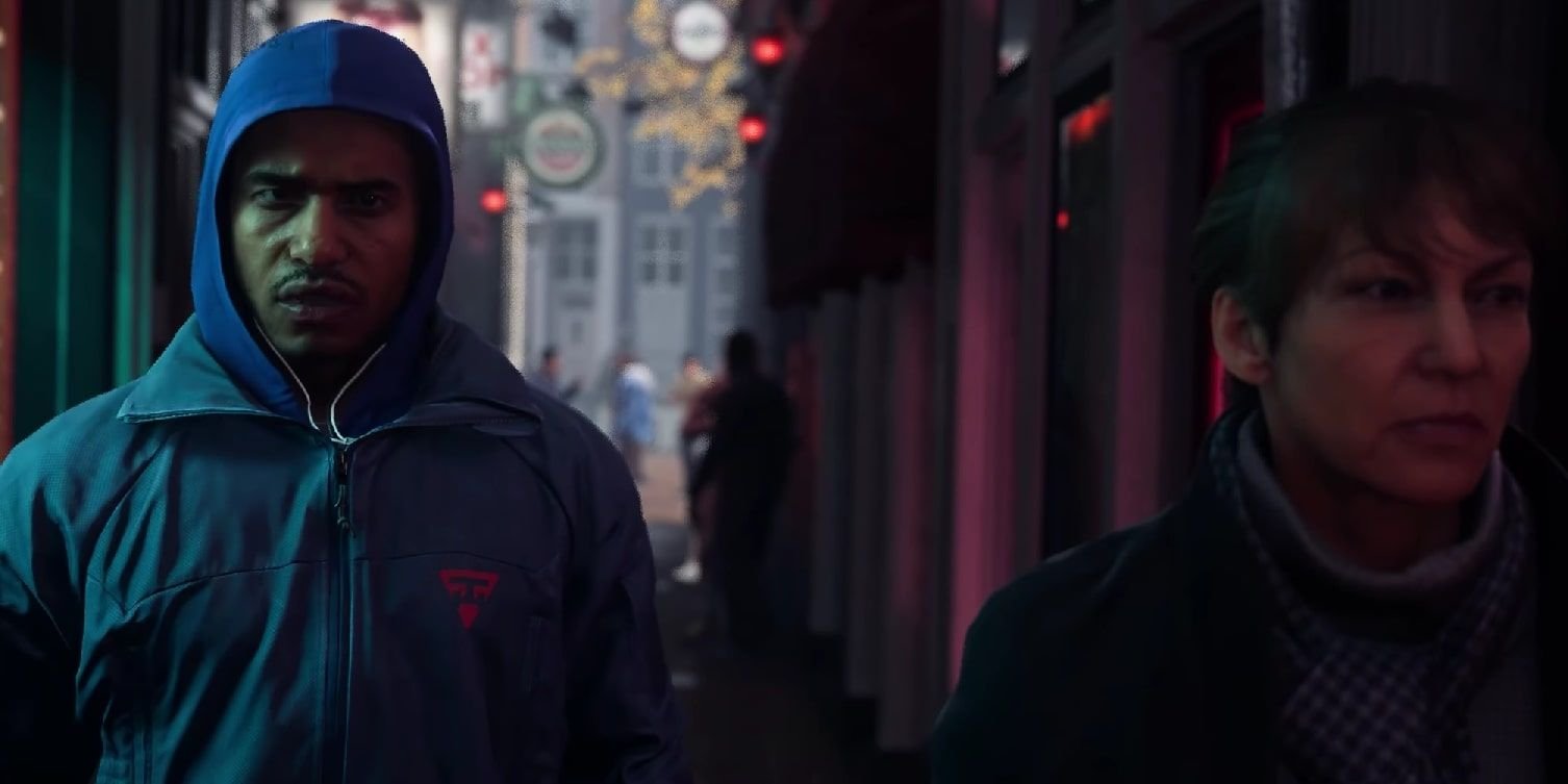 Screenshot of Gaz walking alongside Kate in an Amsterdam alley where she hands him the syringe in COD Modern Warfare 2.