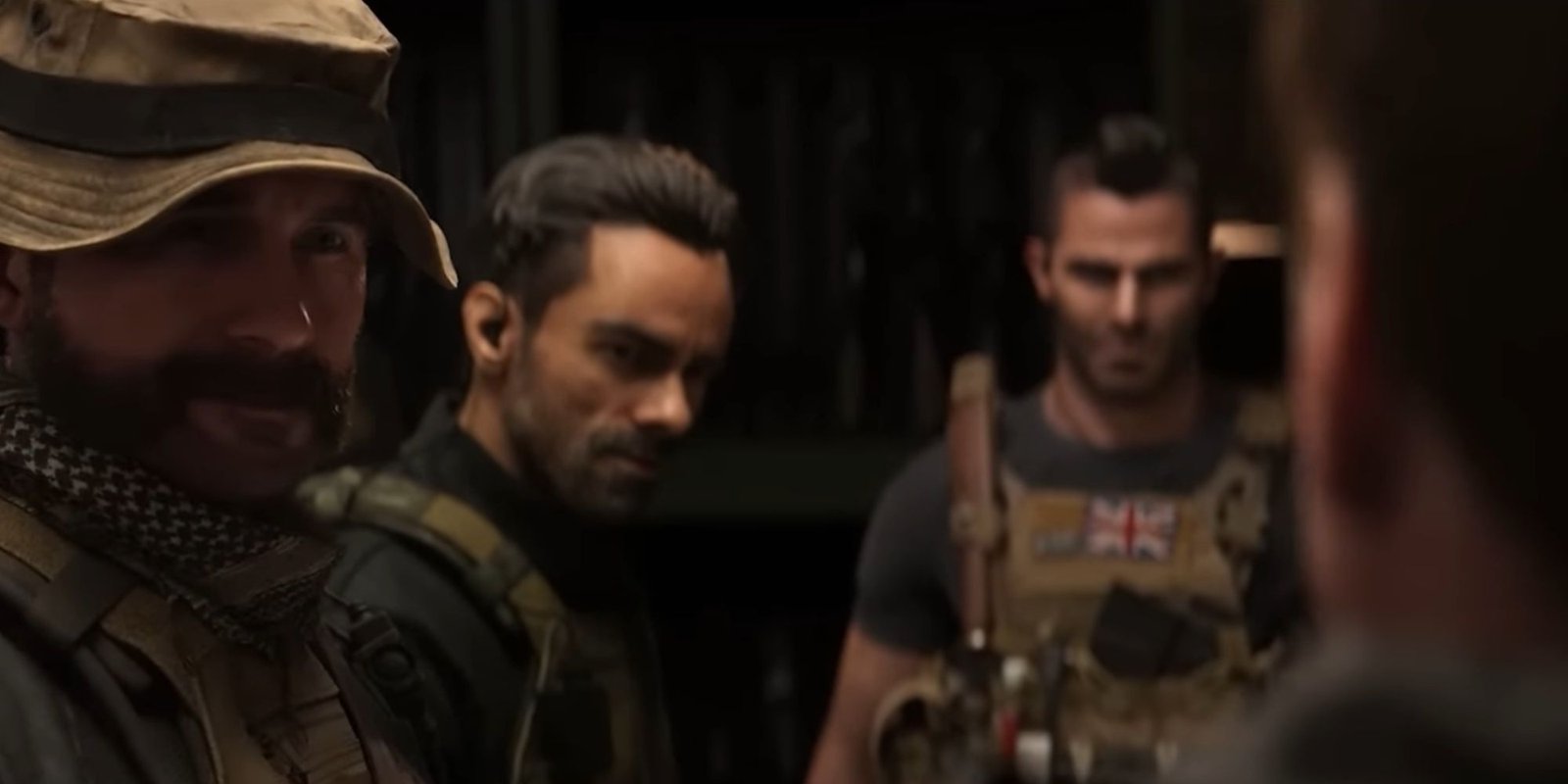 Captain Price, Alejandro, and Soap gazing at Simon "Ghost" Riley as his mask is off and face fully visible.
