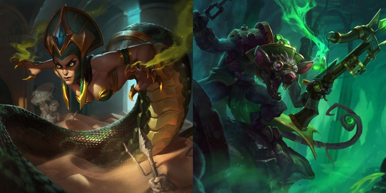 A split image from League of Legends of the champions Cassiopeia and Twitch. Cassiopeia is a human and snake hybrid, while Twitch is a living sewer rat that loves poison. 