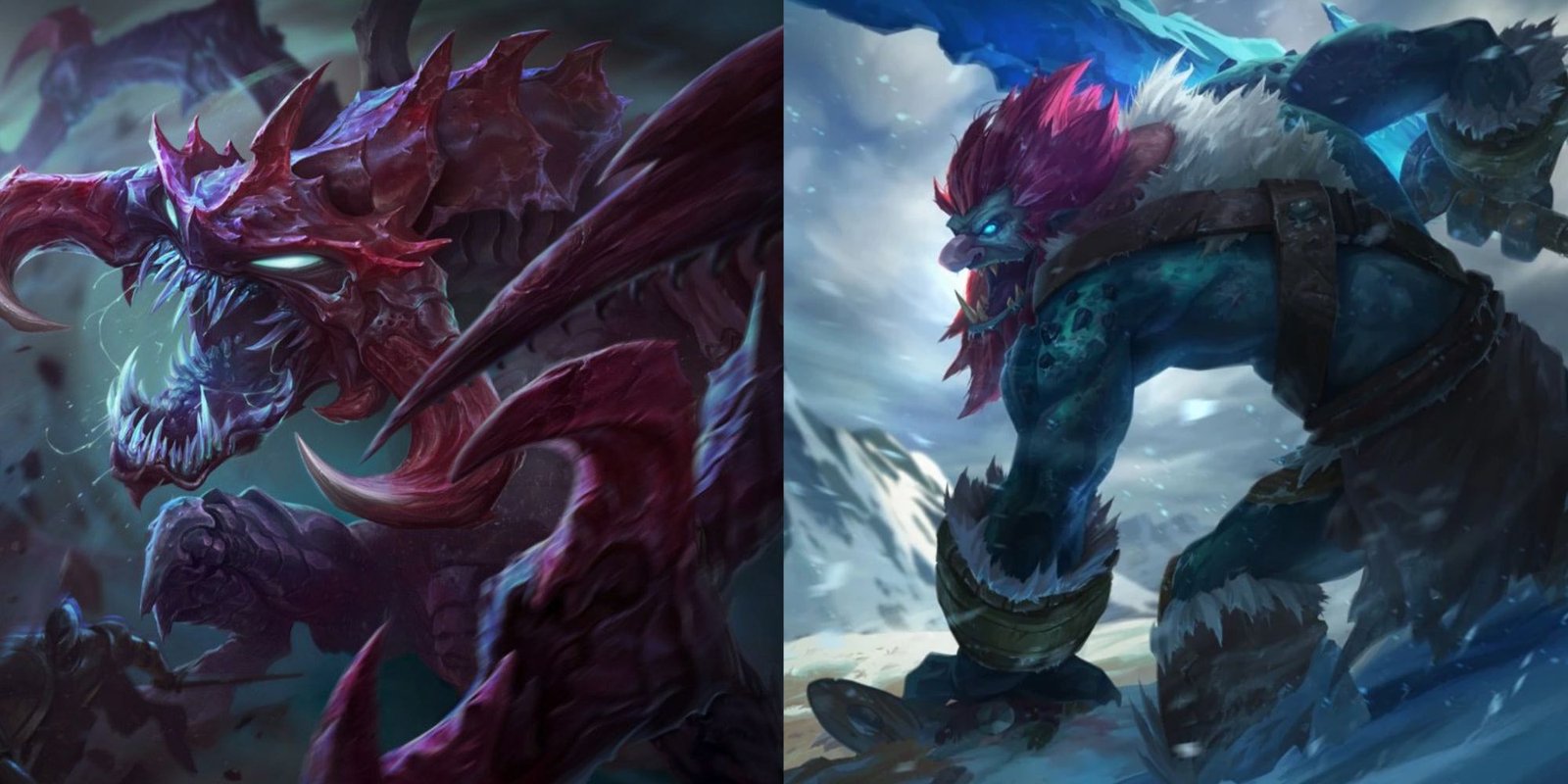 An image from League of Legends of both Cho'gath and Trundle splash arts, who are two tank champions that can easily ressurect one another.
