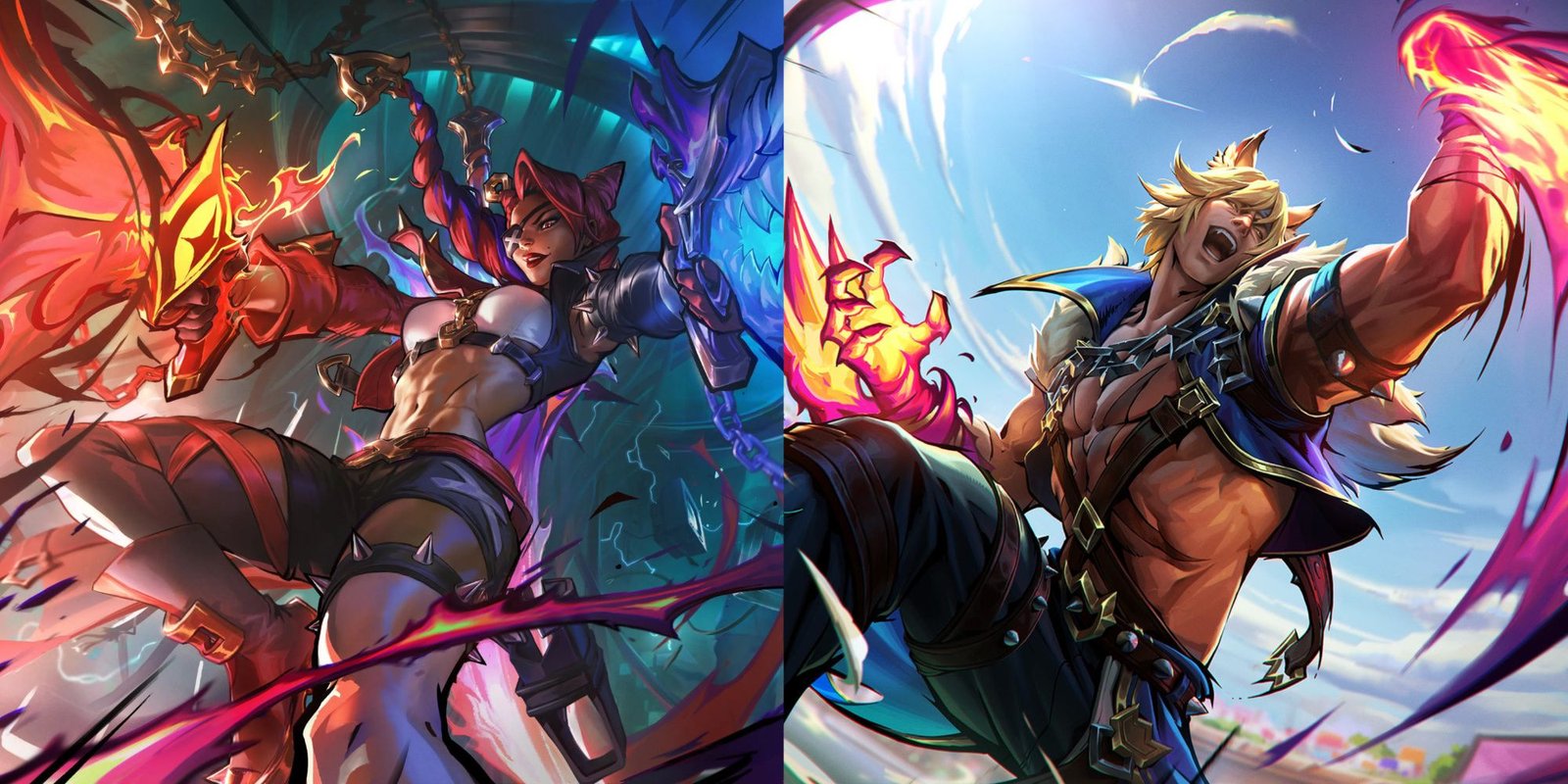 A split image from League of Legends of the champions Samira and Sett. Both of these champions are featured in their brand new Soul Fighter skins, featuring Samira's Ultimate skin