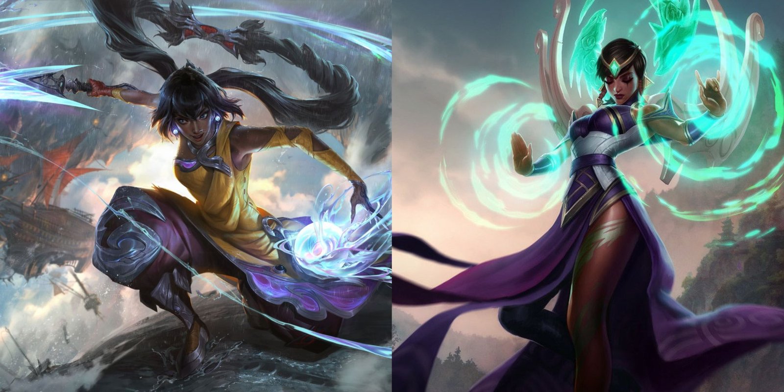 A split image from League of Legends of the champions Nilah and Karma. Nilah wields water to strike her foes, while Karma uses spirit magic to cleanse her enemies. 
