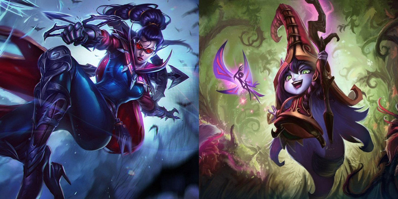 A split image from League of Legends of the champions Vayne and Lulu. Vayne is a demon hunter who wields a crossbow, while Lulu is a small yordle that uses magic to help her allies.