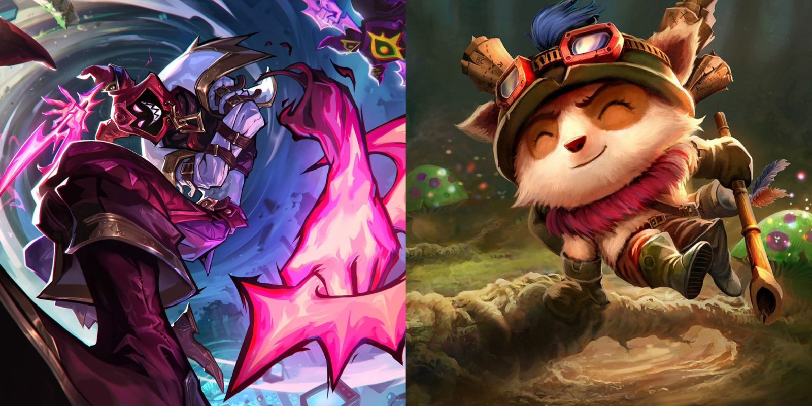 A split image from League of Legends of the champions Shaco And Teemo. Shaco is featured in his new Soul Fighter skin, and Teemo is a small yordle that plants mushrooms around the map.