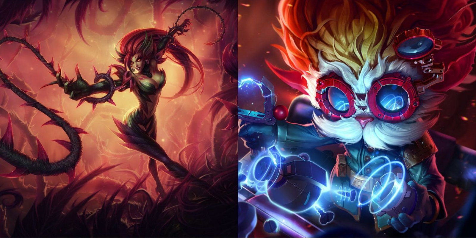 A split image from League of Legends of the champions Zyra and Heimerdinger. Zyra is a living plant, while Heimerdinger is a small scientist that places turrets around the map.