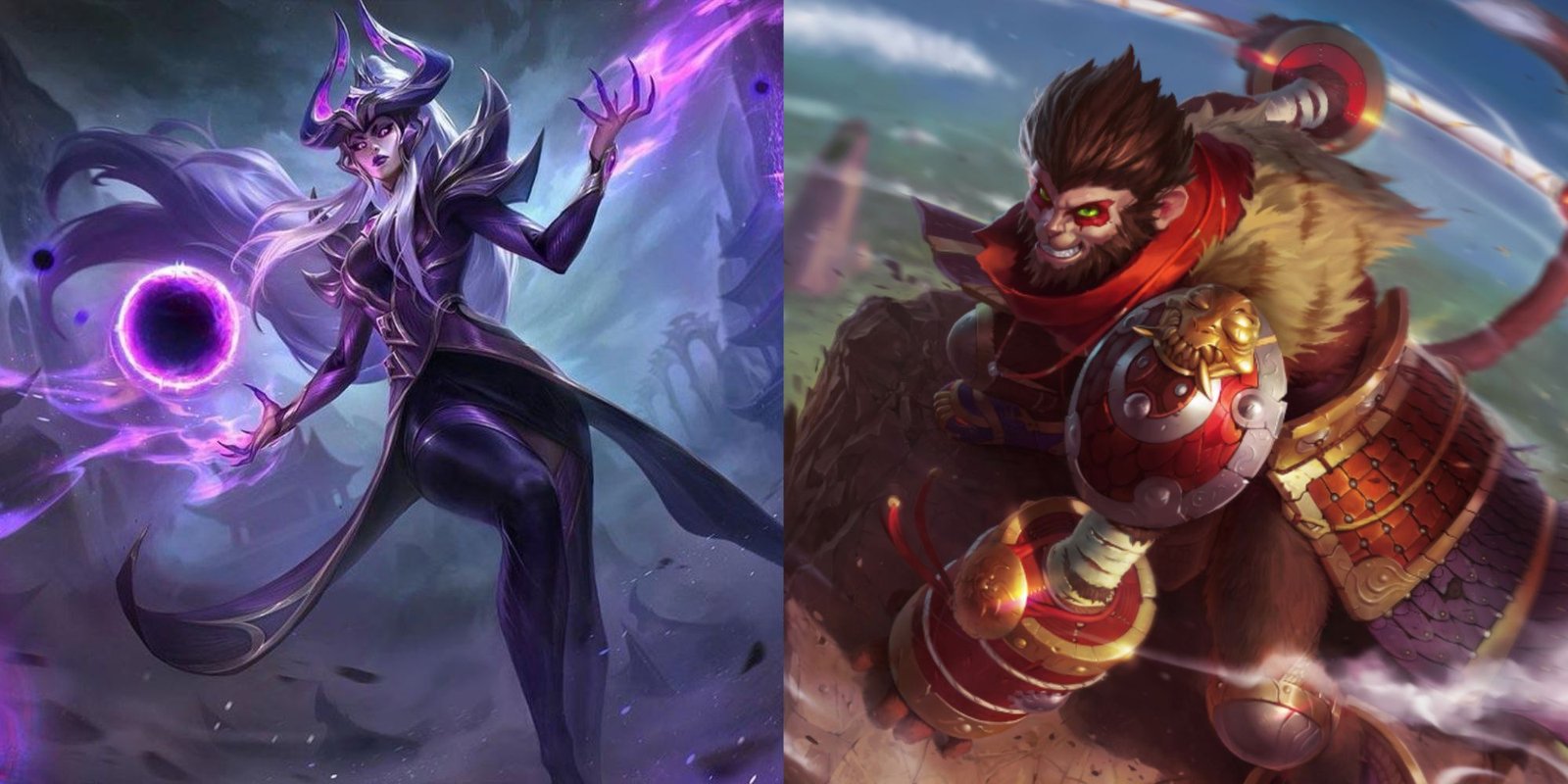 An image from League of Legends of both Syndra and Wukong splash arts, who are two characters that deal large amounts of damage and protect each other in the Arena gamemode. 