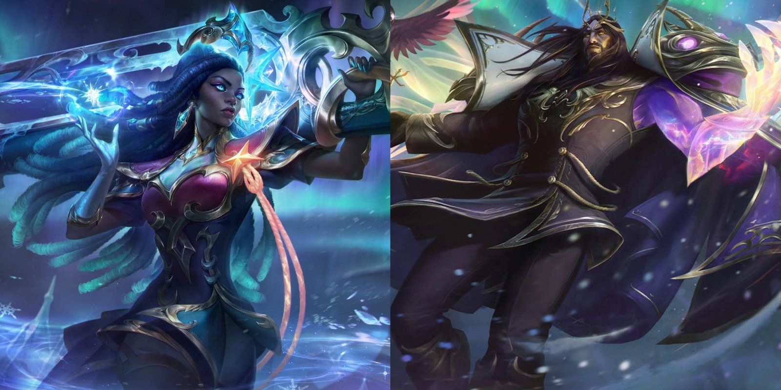 An image from League of Legends of both Senna and Swain in their Winterblessed skins. These two champions can be used together in the Arena gamemode.