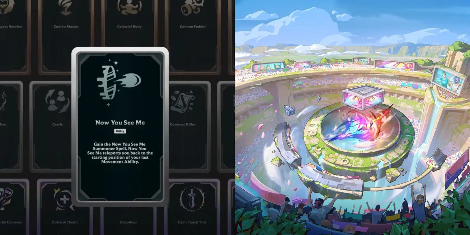 A split image from League Of Legends of the Soul Fighter Arena Augment called Now You See Me, and some artwork of the Soul Fighter's Arena. 