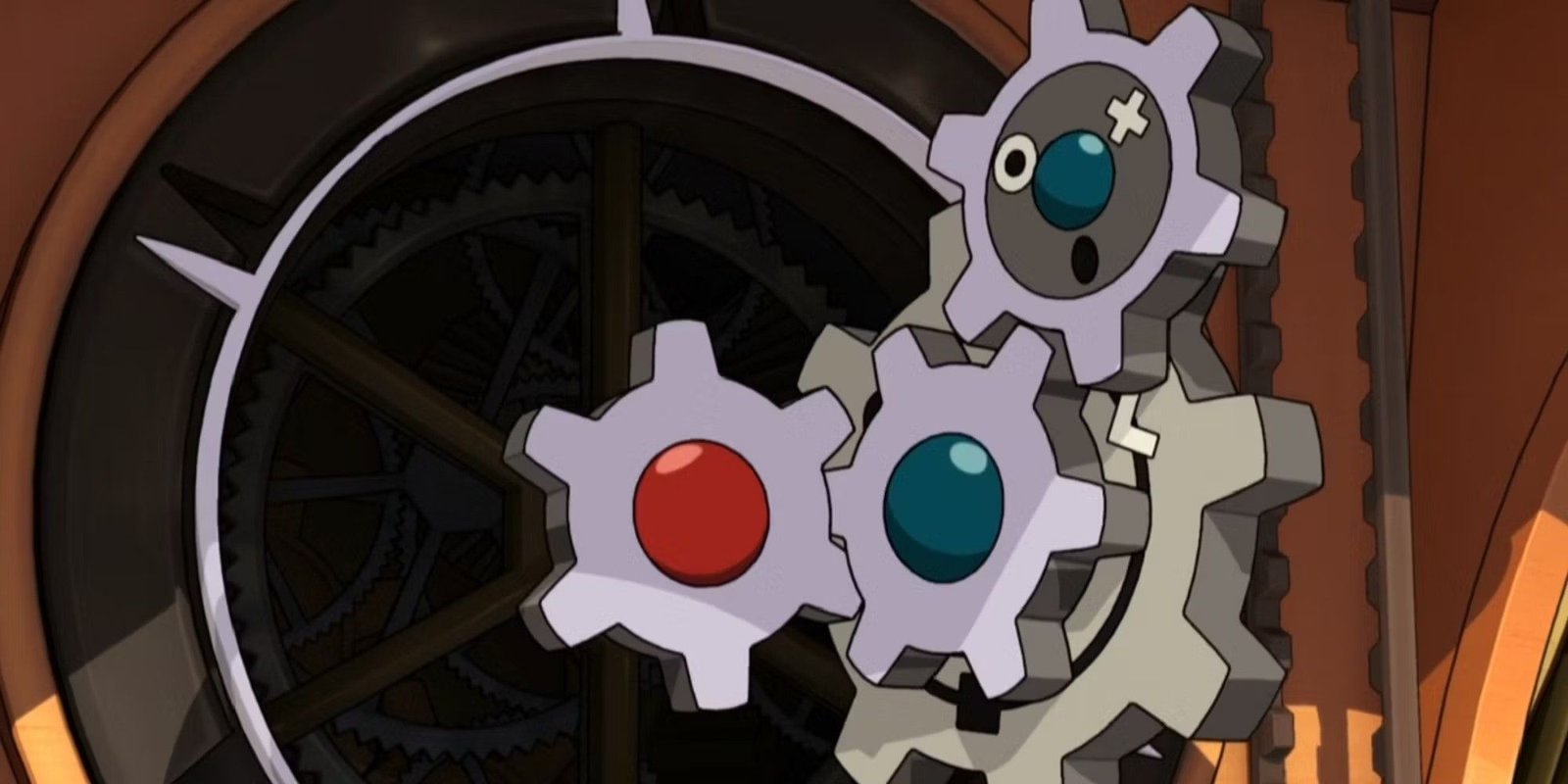 Klinklang from the anime looking surprised
