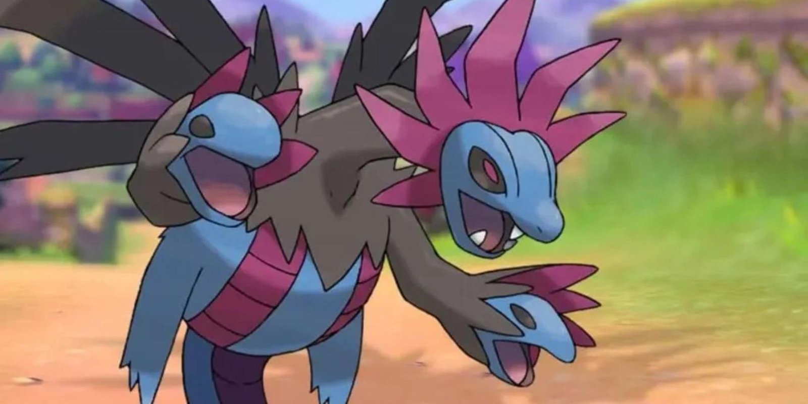 Hydreigon roaring in a field.