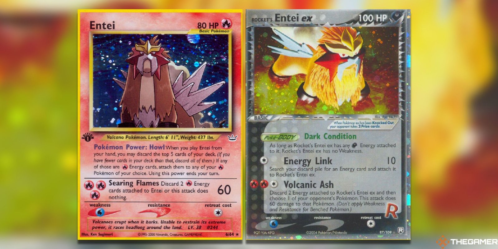 The Neo Revelation Entei and Team Rocket's Entei ex from the Pokemon TCG.