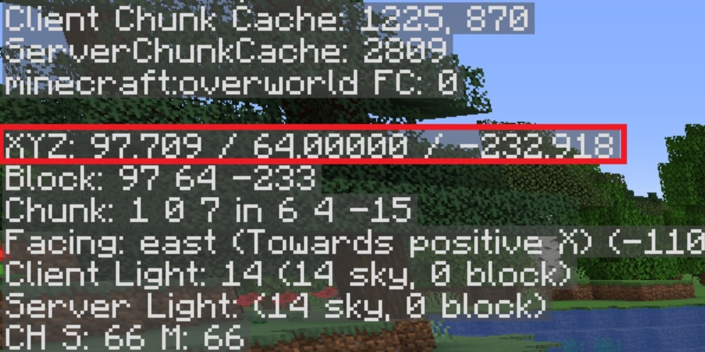 Minecraft coordinates displayed on the screen with location highlighted.