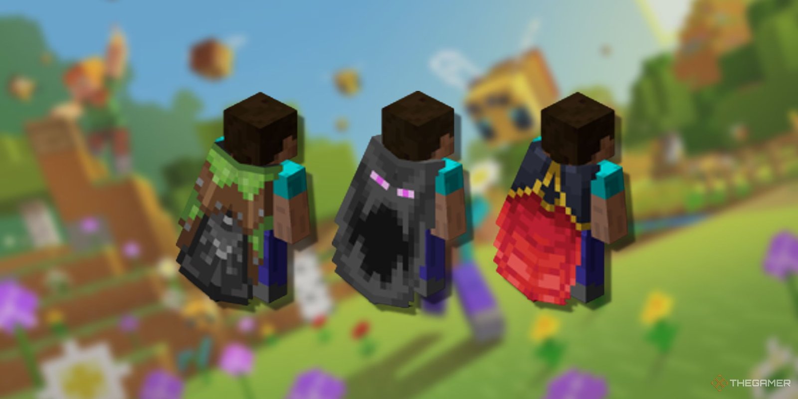 A blurry image of Minecraft promotional art with PNGs of three Minecraft capes.