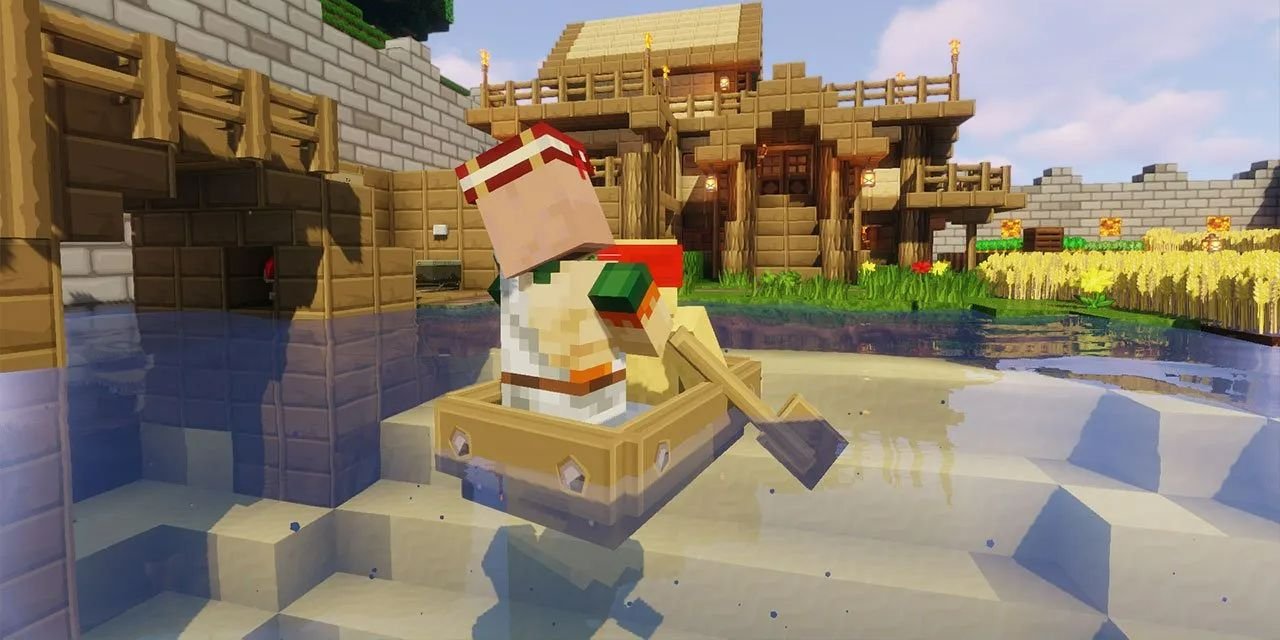 A villager being transported in a boat in Minecraft.
