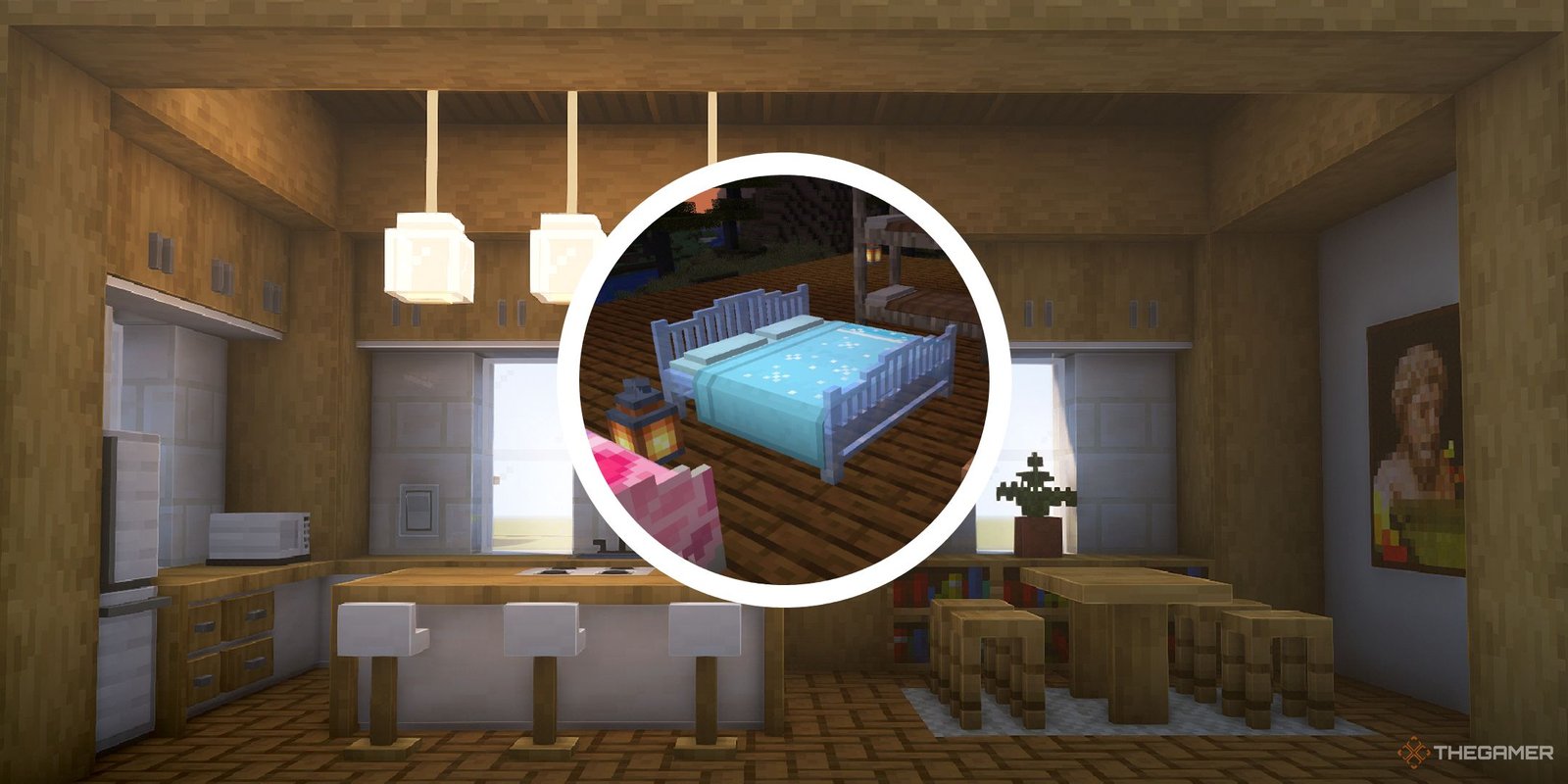 minecraft kitchen with Paladin's Furniture mod and circle png of multibed mod