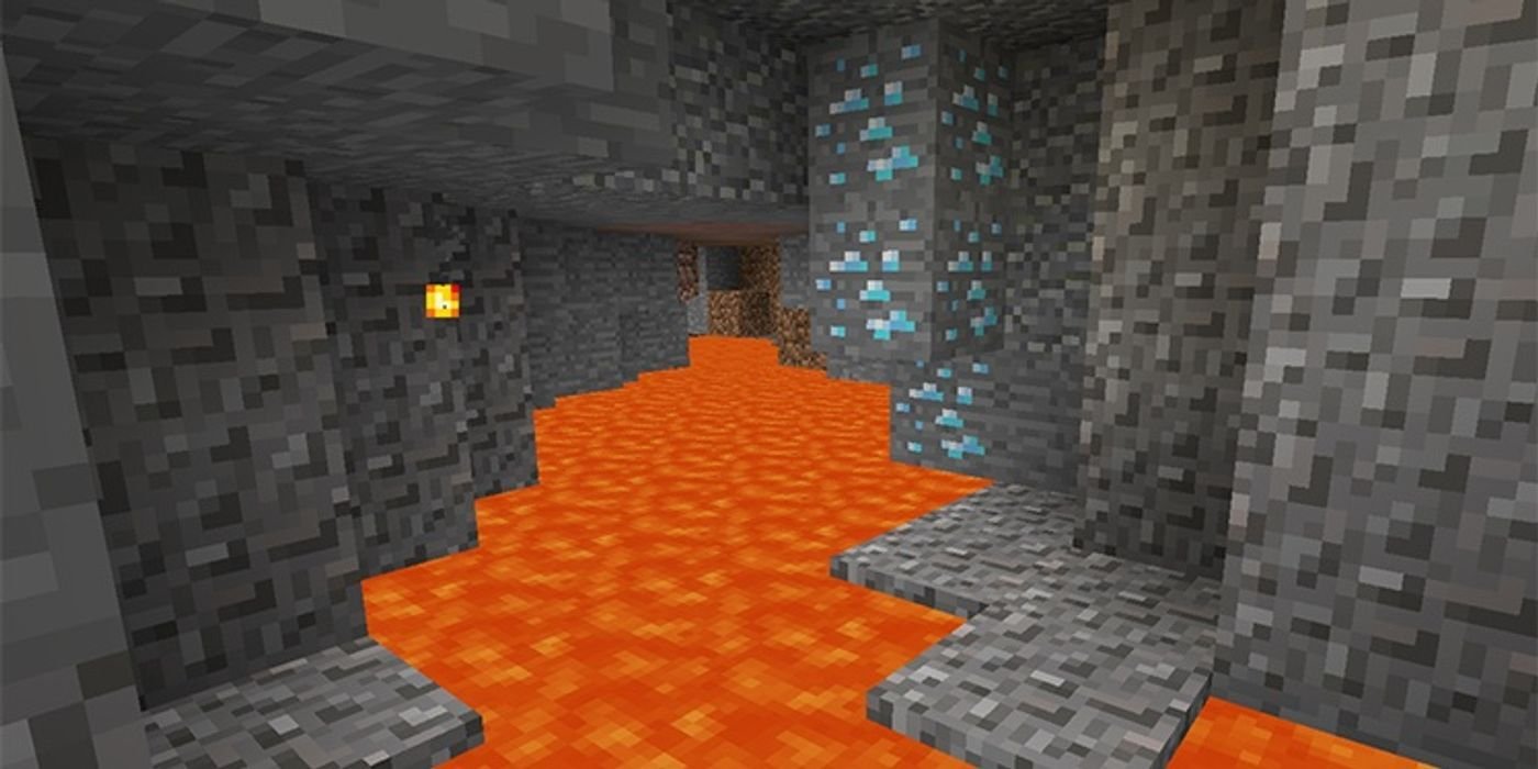 diamonds along a stone wall by some lava.