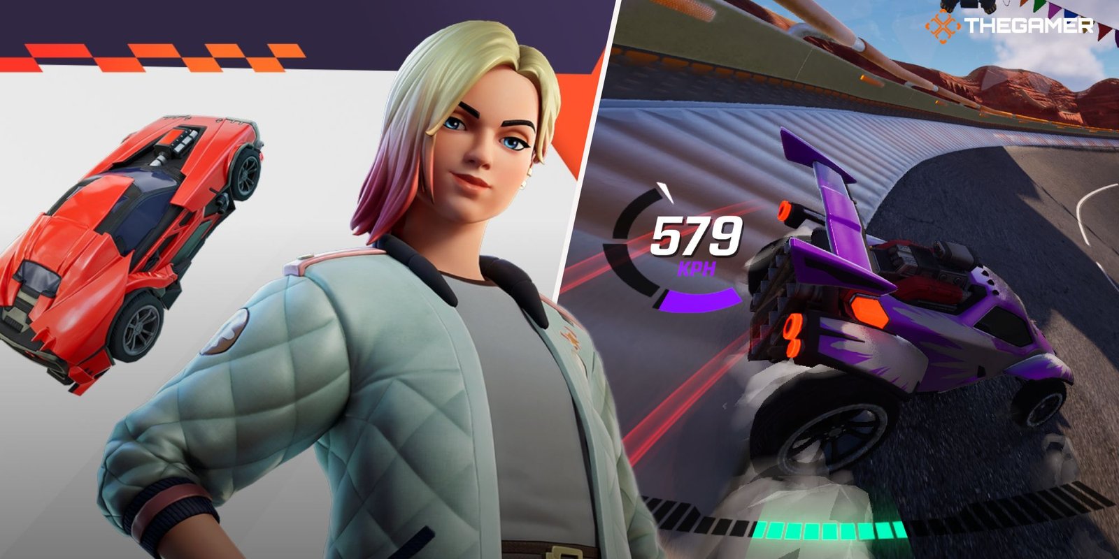 Fortnite Rocket Racing: Left: Jackie skin and back bling, right: car drifting around turn