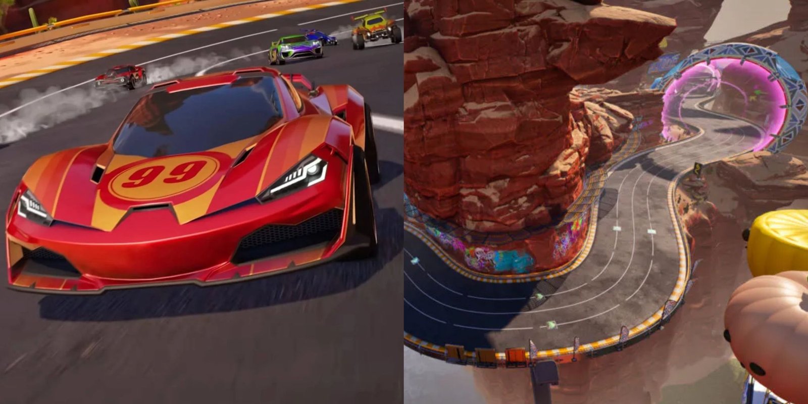 A Feature image that showcases a car in Rocket Racing and a desert race track.