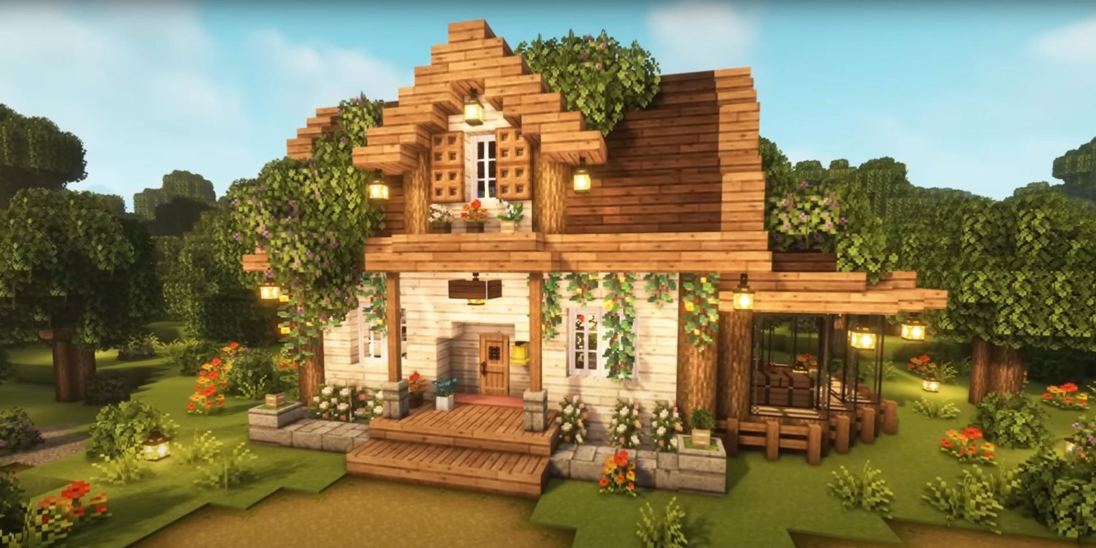 An image from Minecraft of a Large Cottage House, which is decorated with leaves, and made out of dark oak, spruce, and birch planks.
