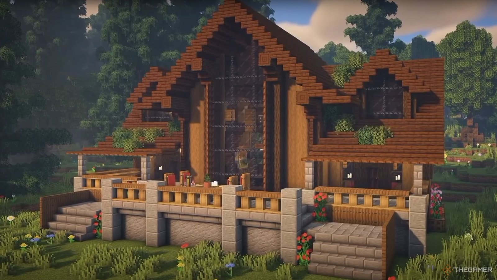 An image from Minecraft of a Luxurious Cabin Build Tutorial, which is a large lakehouse with a massive window.