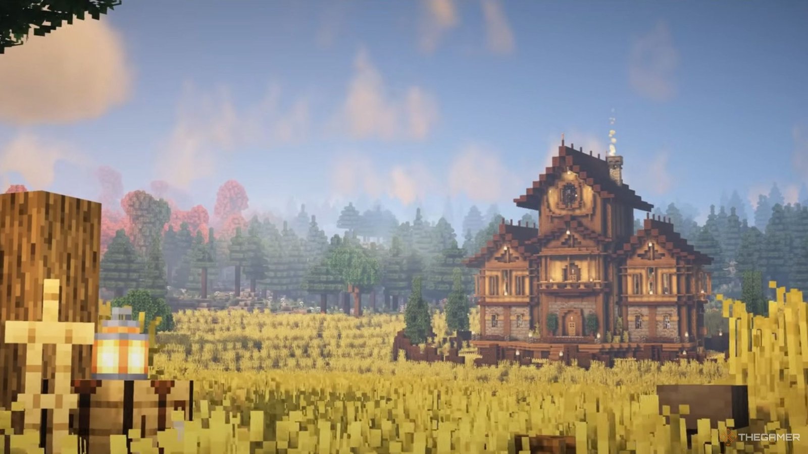 An image from Minecraft of a Survival Manor Build Tutorial, which is a large manor that features a fully decorated tutorial.