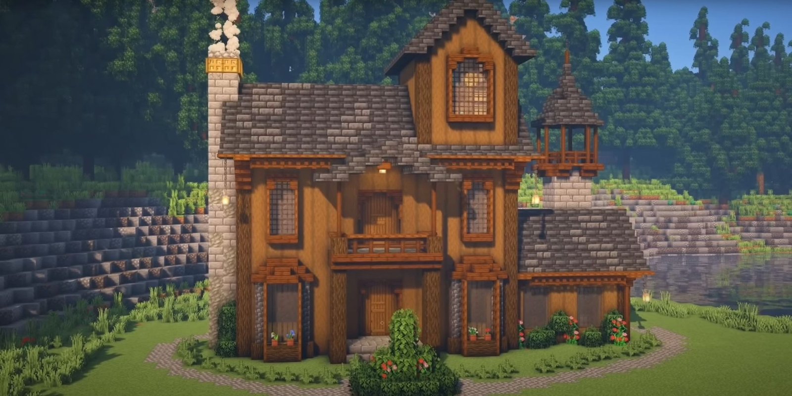 An image from Minecraft of a Dark Oak and Deepslate House by Lex The Builder