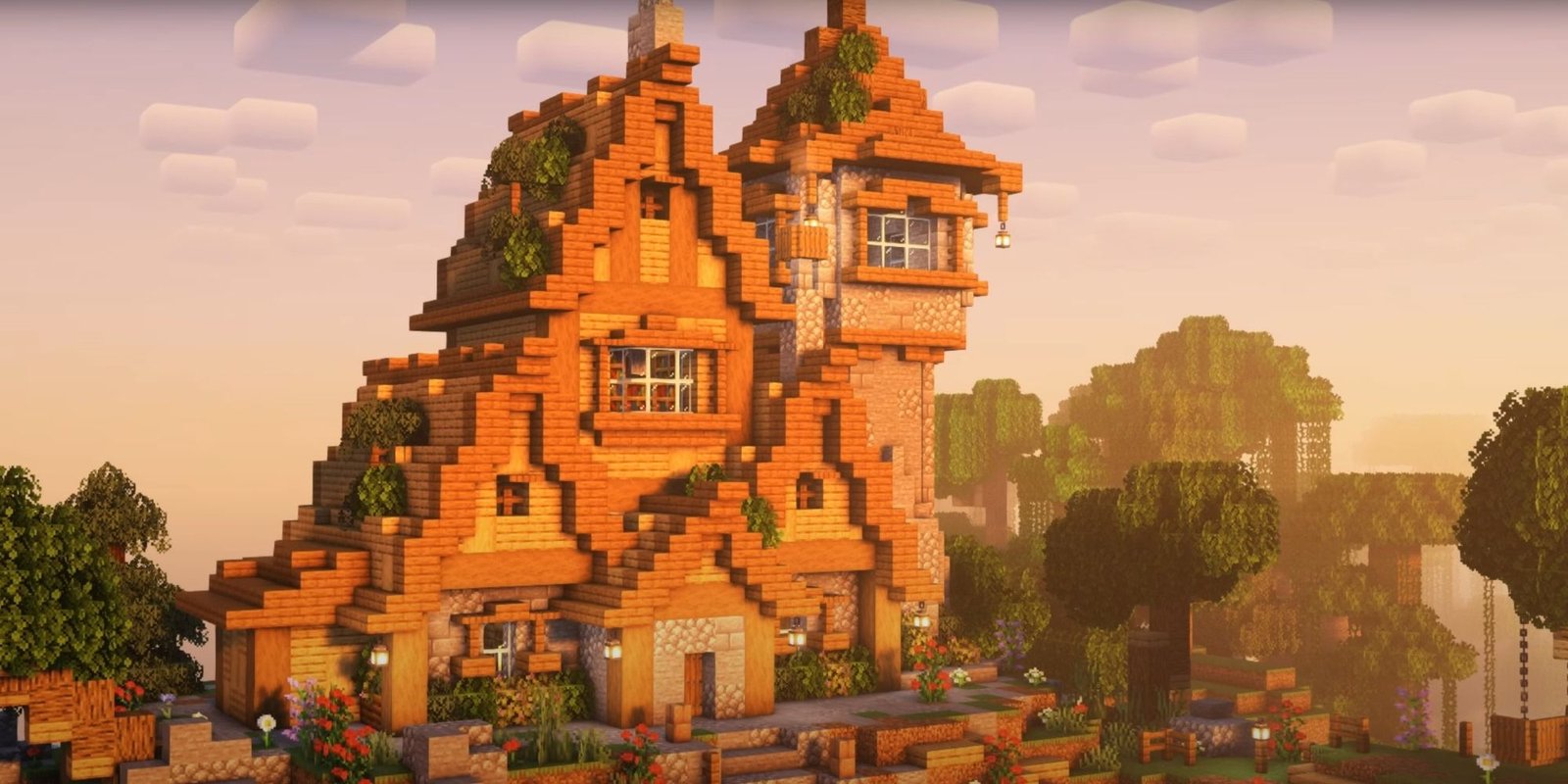 An image from Minecraft of a Medieval House And Tower, which are constructed on a cliff to overlook the landscape. This house has sloped rooves complete with bushes and lanterns. 