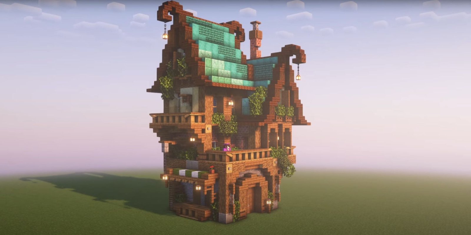 An iamge Minecraft from Minecraft of a large Fantasy House, complete with a blue roof made of wood from the Nether. This house has curved designs to create a whimsical building. 