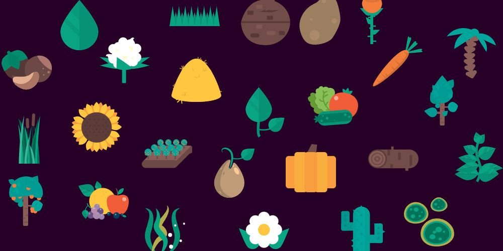 Graphics of various plants are scattered around the image