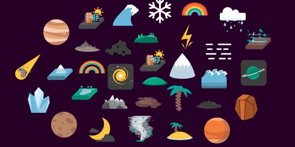 Graphics of various aspects of ecology, including planets, scattered around