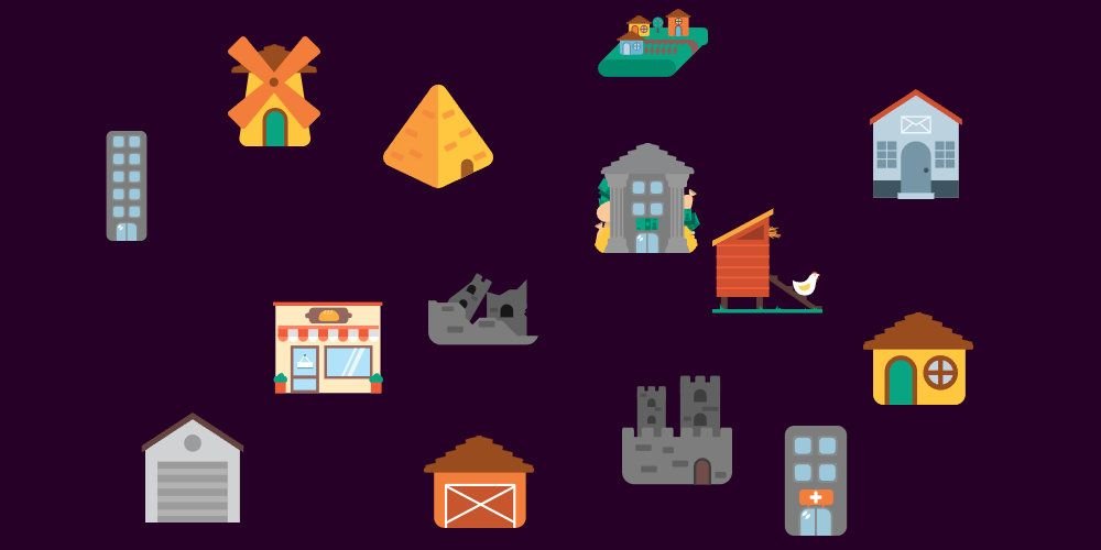 Graphics of various buildings are places around the image.