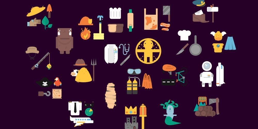 Graphics of various people, professions, and fictional characters, scattered around the image.