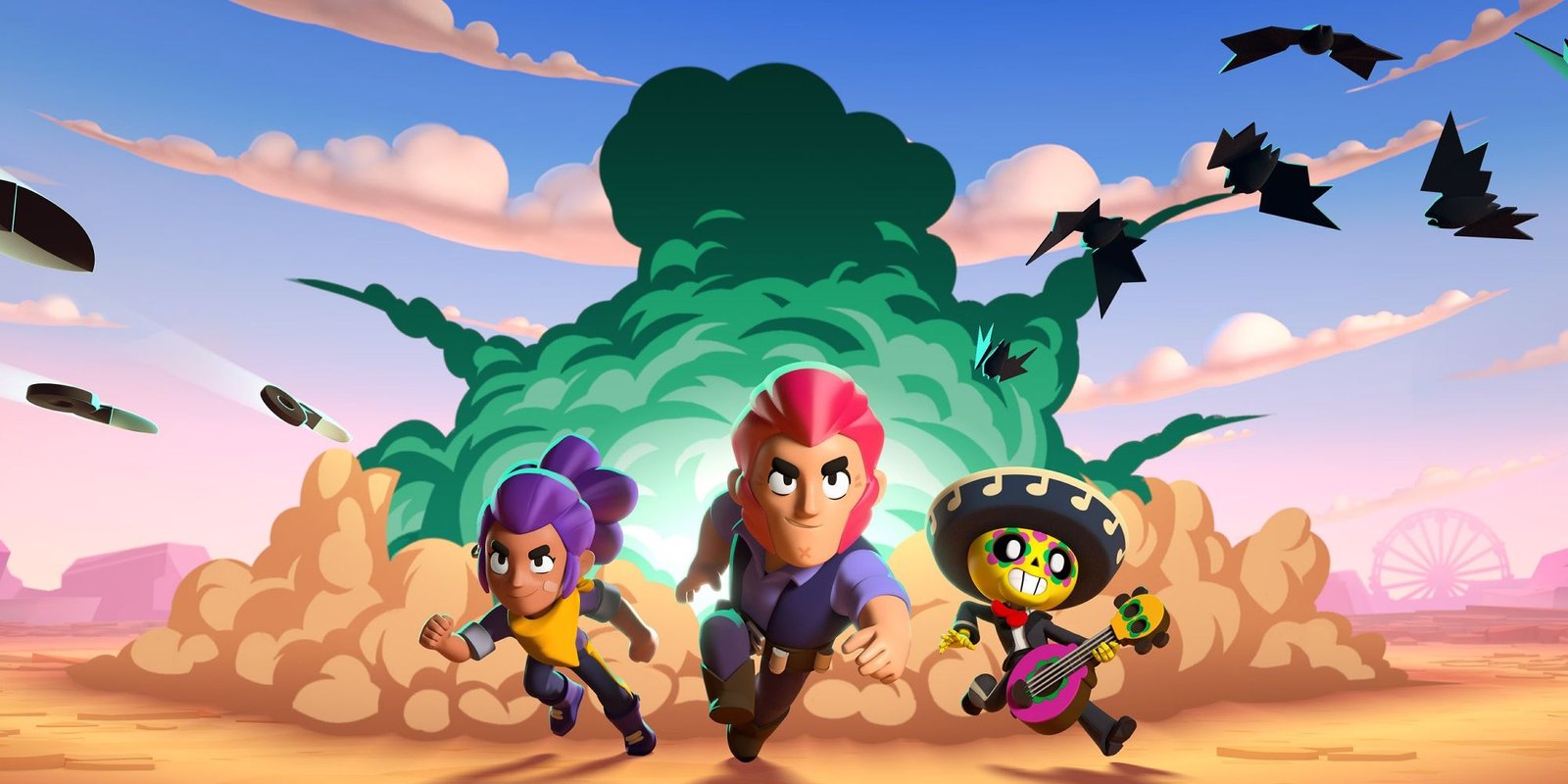 Brawl Stars Artwork Showing Three Characters Running From Explosion