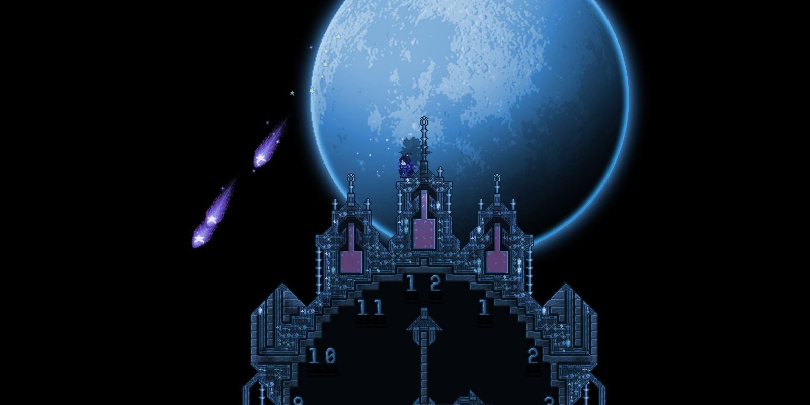 A player stands on a clock tower with a bright blue full moon in the background.