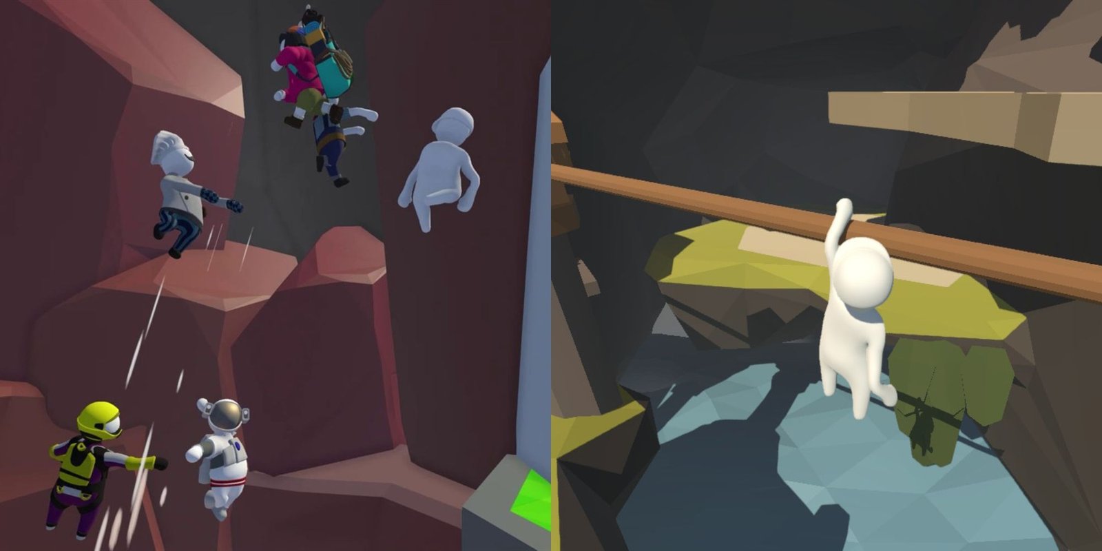 Split image of players fooling around, and a white character holding on for dear life to a wooden pole.