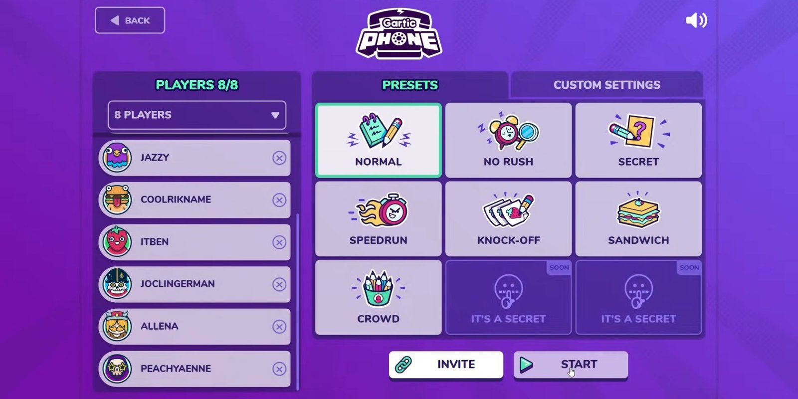 8 players in lobby about to pick a preset for Gartic Phone