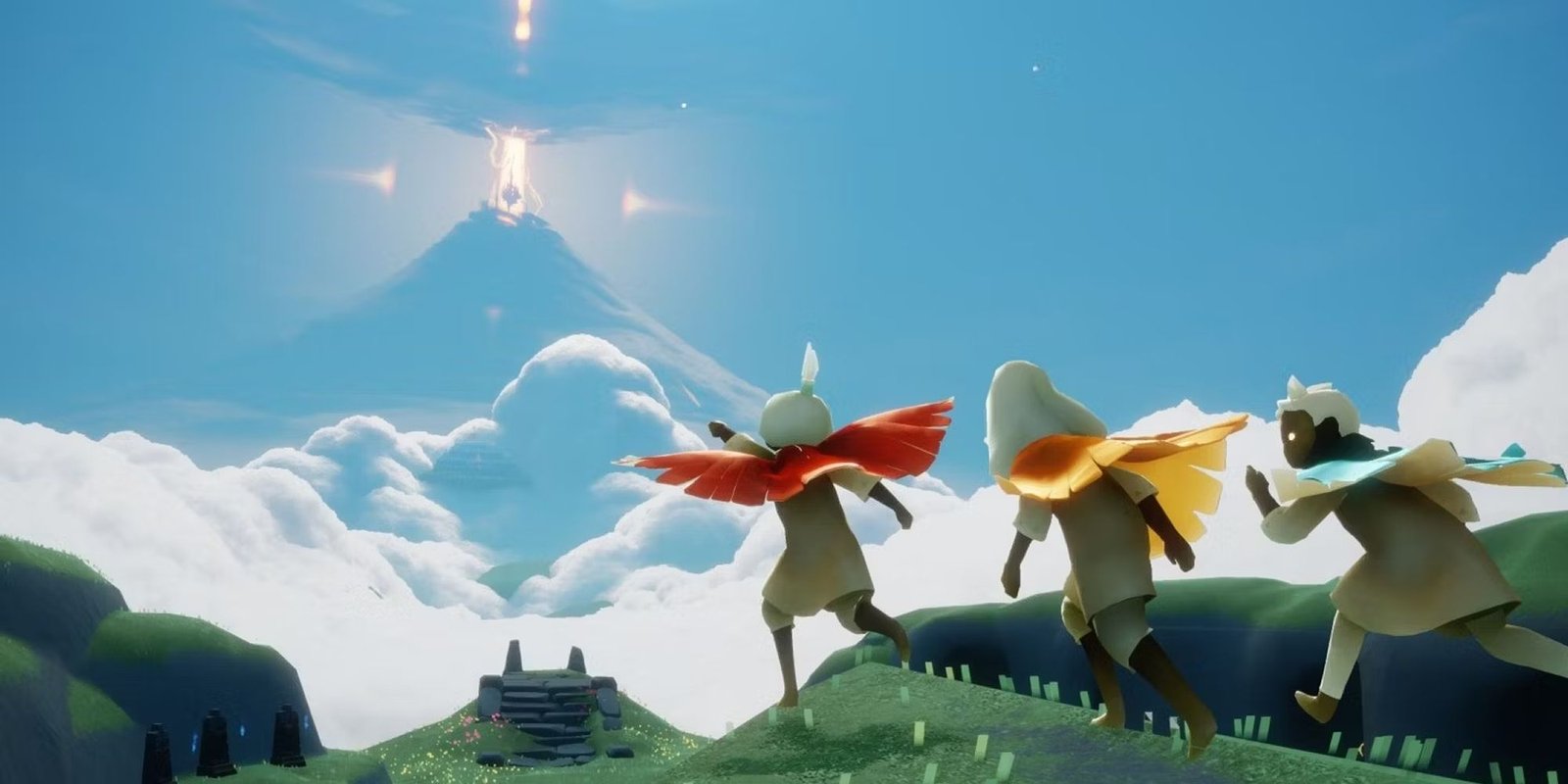 Three children running towards light extending from a mountain top. 