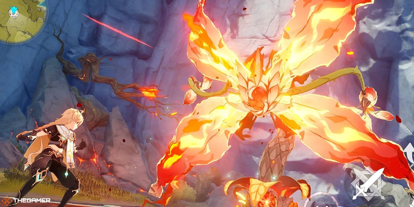 Genshin Impact Aether fighting the Pyro Regisvine