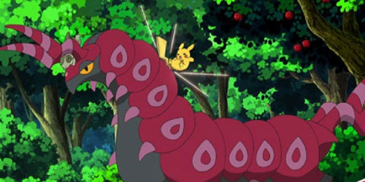 Scolipede with a Pikachu riding its back in the Pokemon anime