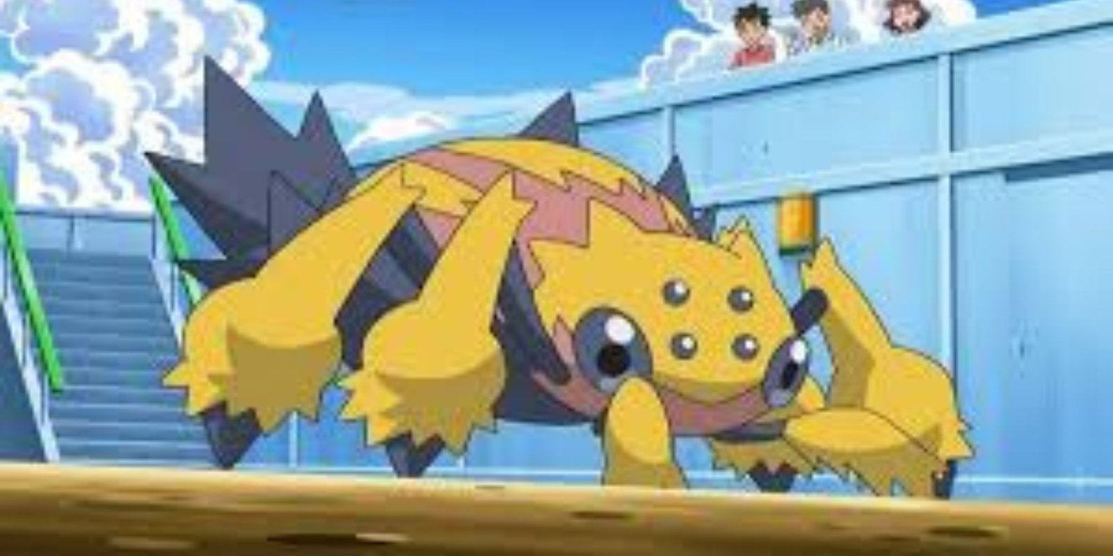 Galvantula looking across at its opponent in battle in the Pokemon anime.