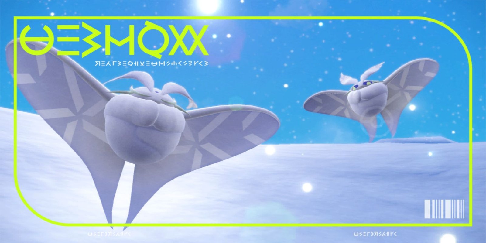 Two Frosmoth flying in the snowy mountaintops in Pokemon Scarlet and Violet.
